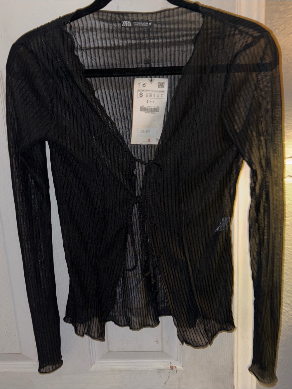 Zara Black Sheer Long Sleeve Tie-Front Top